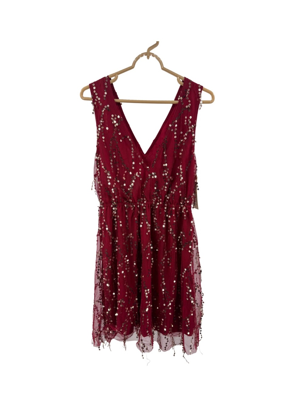Southern fried chics deep red Sequined V-Neck and back sequin fringe L dress